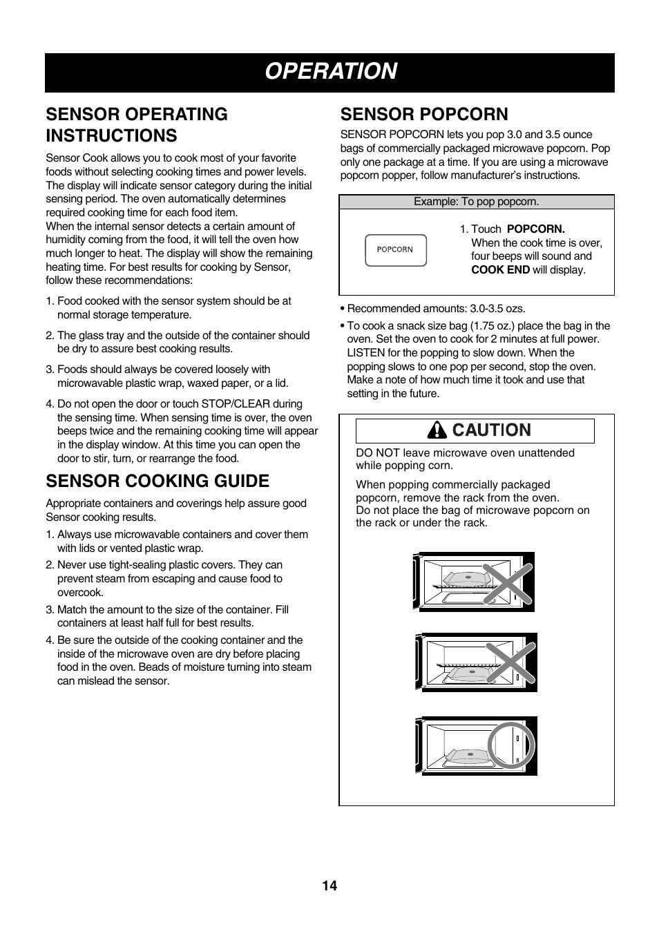 Operation, Sensor popcorn sensor operating instructions, Sensor cooking guide | LG LMVM2055SB User Manual | Page 14 / 35