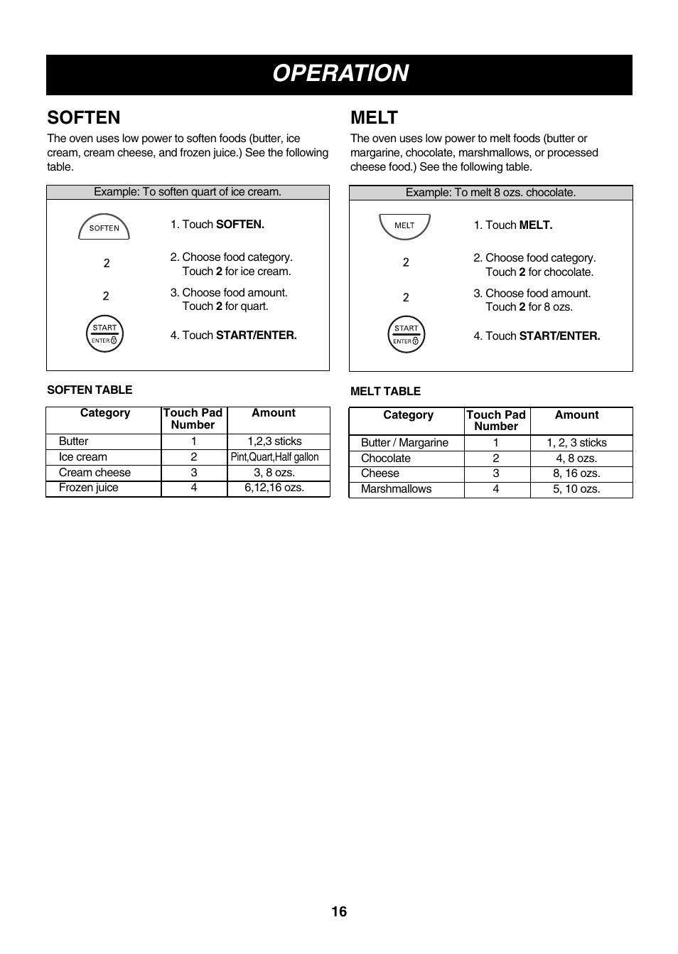 Operation, Soften, Melt | LG LMVM2055SB User Manual | Page 16 / 35