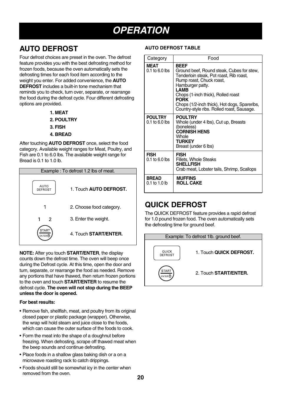 Operation, Auto defrost, Quick defrost | LG LMVM2055SB User Manual | Page 20 / 35