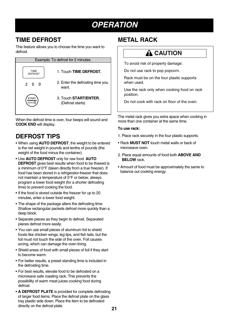 Operation, Time defrost metal rack, Defrost tips | LG LMVM2055SB User Manual | Page 21 / 35