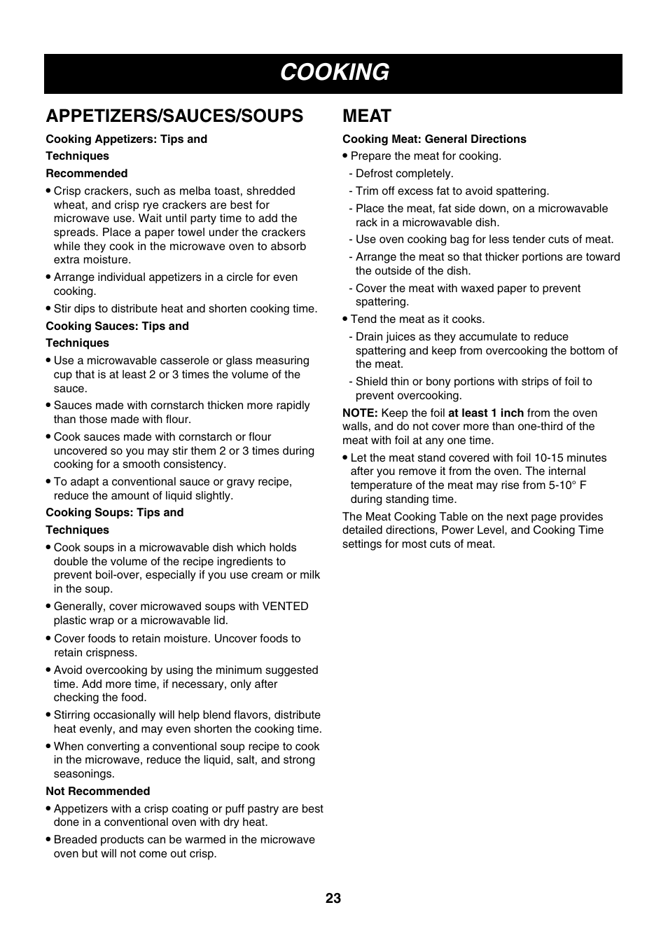 Cooking, Appetizers/sauces/soups, Meat | LG LMVM2055SB User Manual | Page 23 / 35