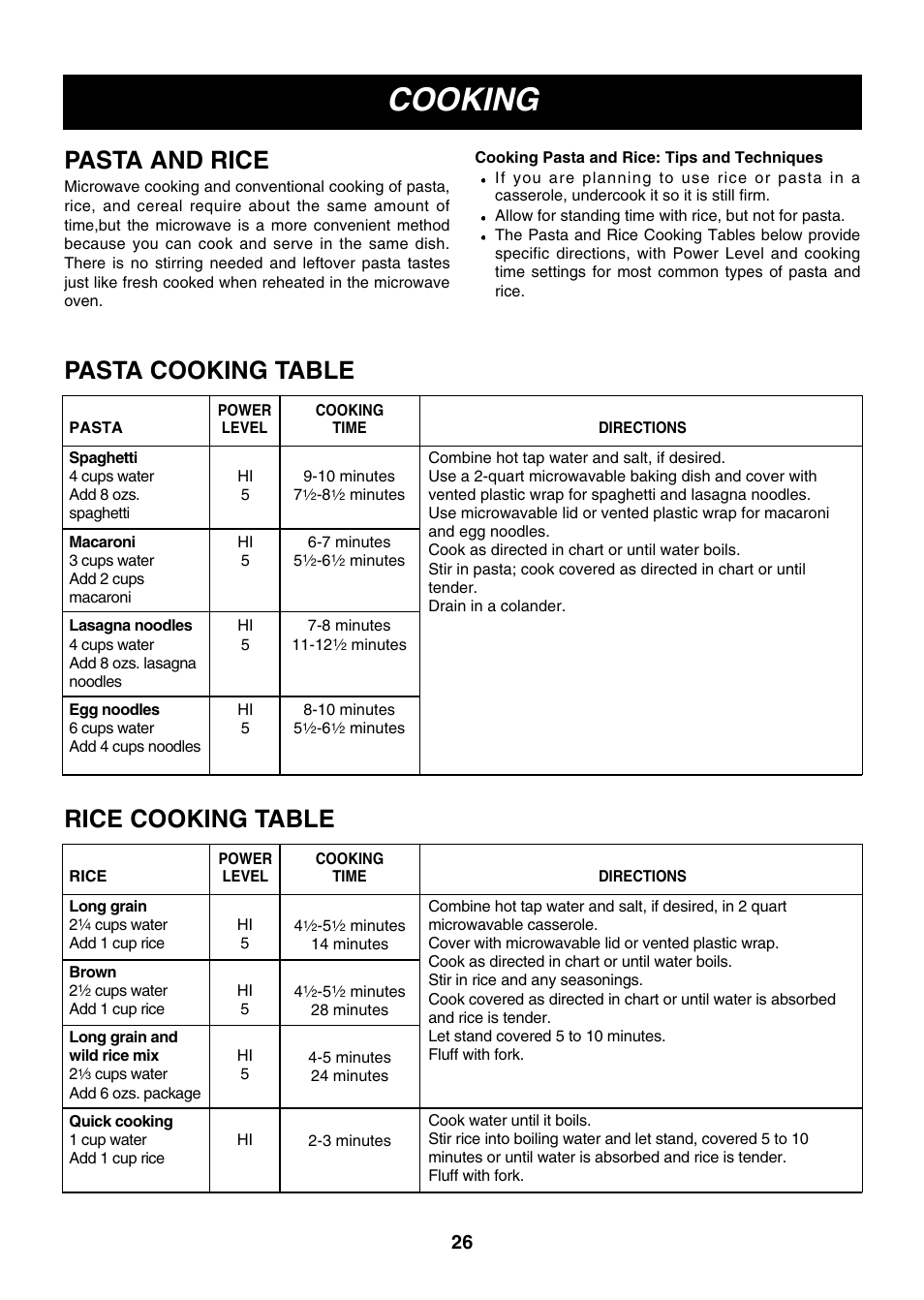 Cooking, Pasta and rice, Pasta cooking table | Rice cooking table | LG LMVM2055SB User Manual | Page 26 / 35