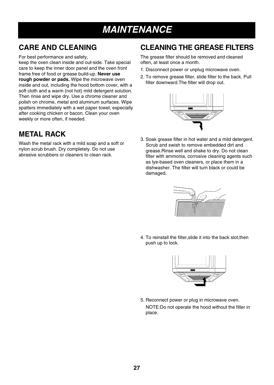 Maintenance, Care and cleaning, Metal rack | Cleaning the grease filters | LG LMVM2055SB User Manual | Page 27 / 35