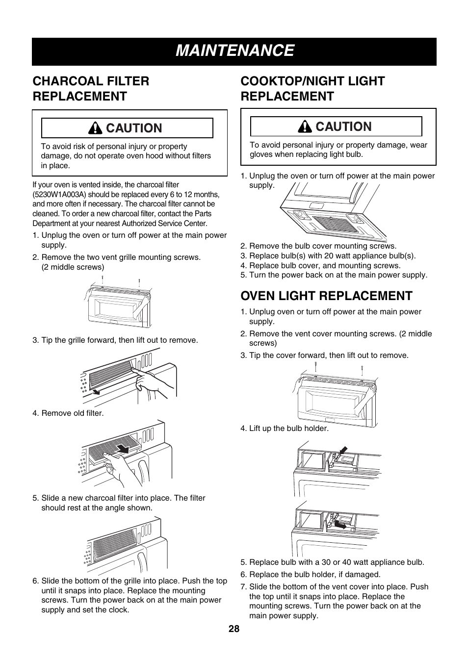 Maintenance, Charcoal filter replacement, Cooktop/night light replacement | Oven light replacement | LG LMVM2055SB User Manual | Page 28 / 35