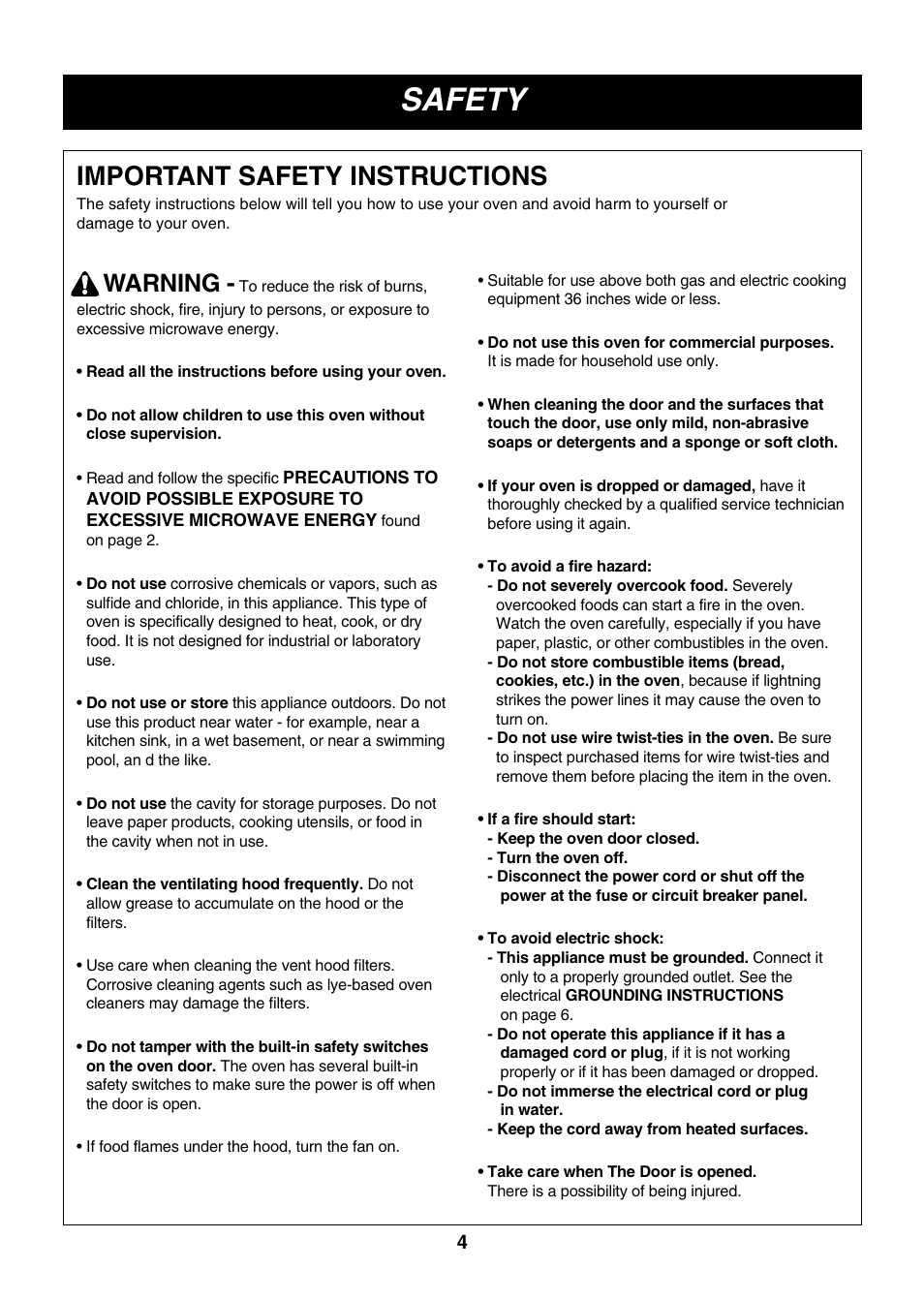 Safety, Important safety instructions, Warning | LG LMVM2055SB User Manual | Page 4 / 35