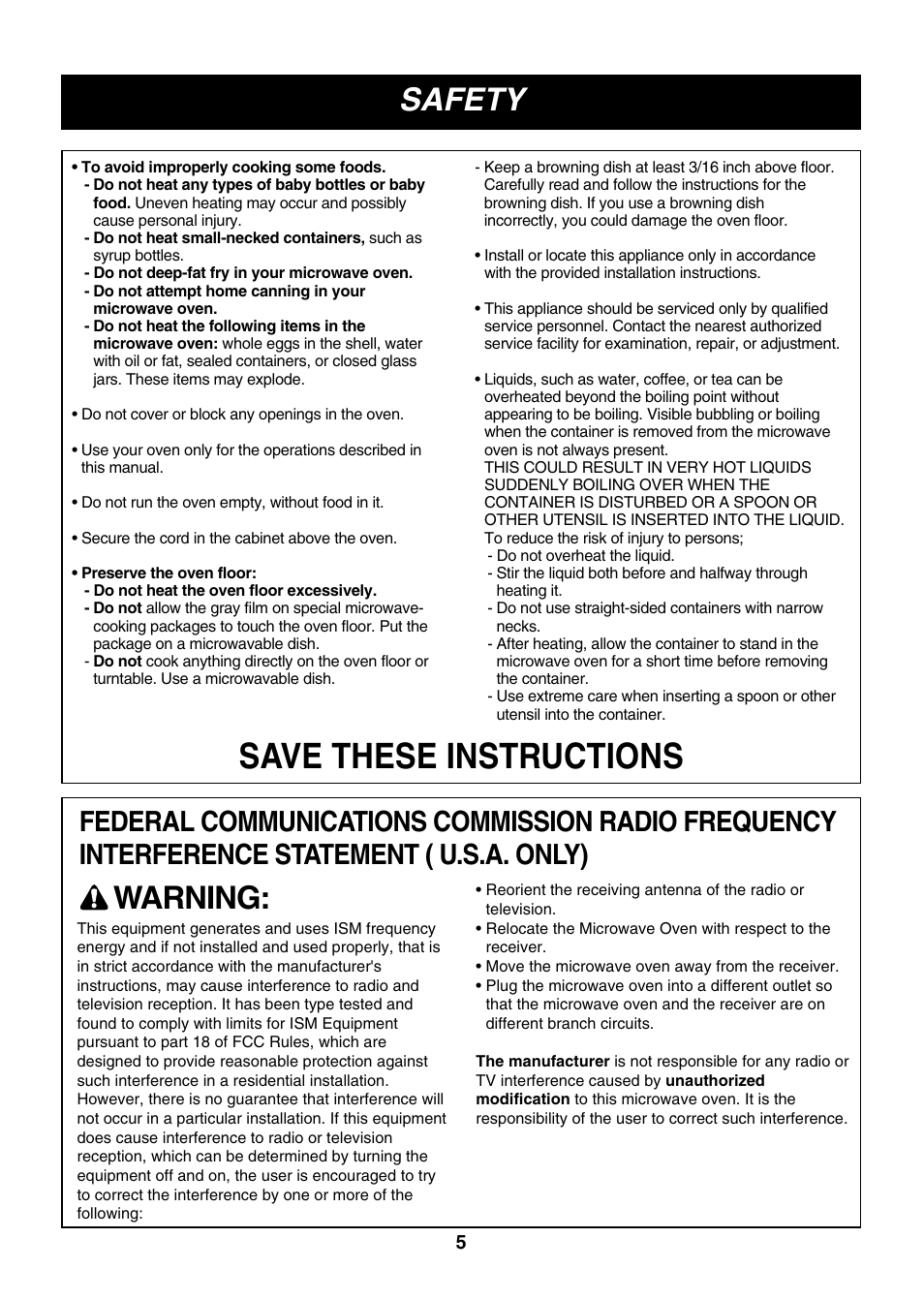 Save these instructions, Safety, Warning | LG LMVM2055SB User Manual | Page 5 / 35