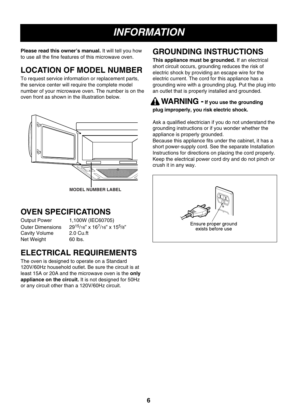 Information, Location of model number, Oven specifications | Electrical requirements, Grounding instructions, Warning | LG LMVM2055SB User Manual | Page 6 / 35