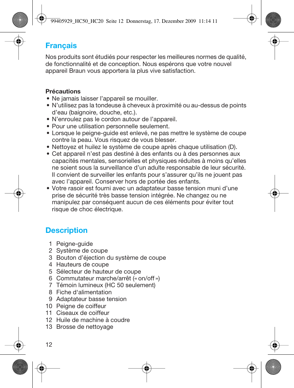 Français, Description | Braun HC20 Hair Perfect User Manual | Page 12 / 62