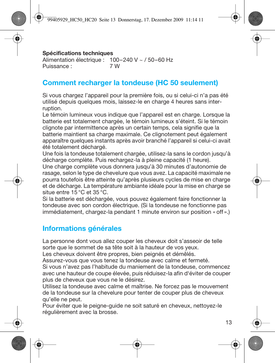 Comment recharger la tondeuse (hc 50 seulement), Informations générales | Braun HC20 Hair Perfect User Manual | Page 13 / 62