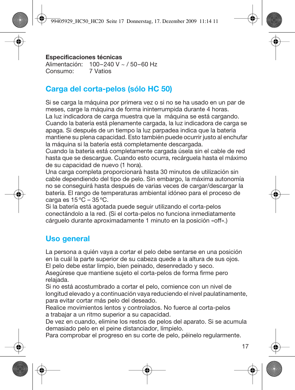 Carga del corta-pelos (sólo hc 50), Uso general | Braun HC20 Hair Perfect User Manual | Page 17 / 62
