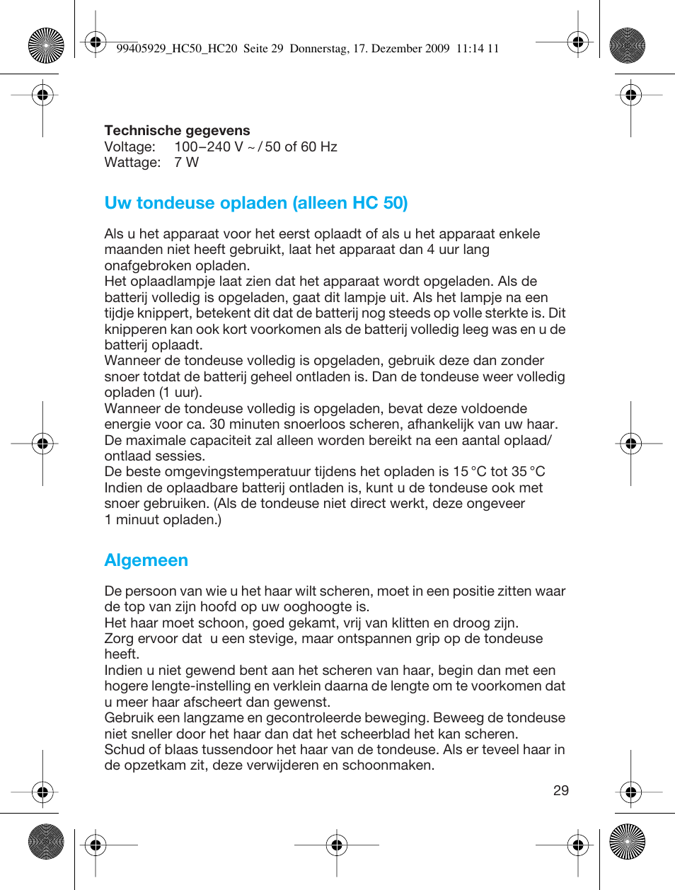 Uw tondeuse opladen (alleen hc 50), Algemeen | Braun HC20 Hair Perfect User Manual | Page 29 / 62