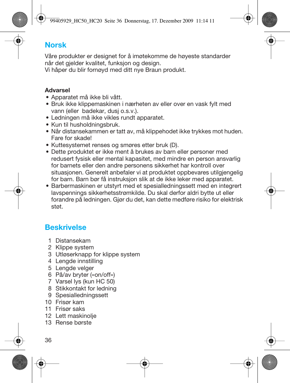 Norsk, Beskrivelse | Braun HC20 Hair Perfect User Manual | Page 36 / 62