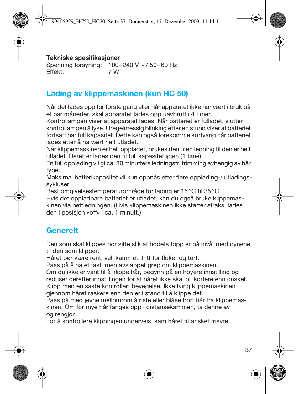 Lading av klippemaskinen (kun hc 50), Generelt | Braun HC20 Hair Perfect User Manual | Page 37 / 62