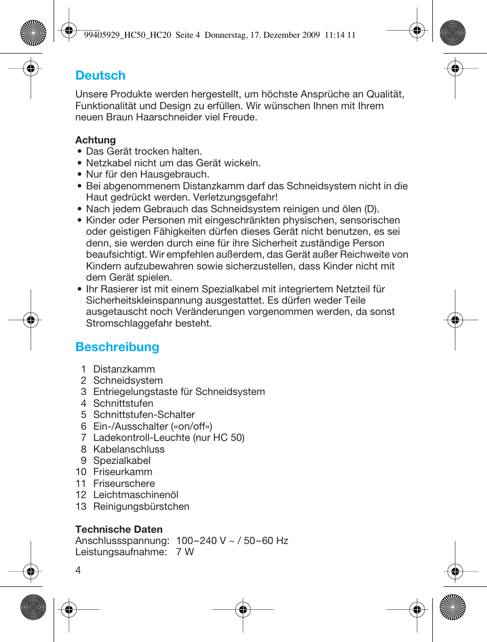 Deutsch, Beschreibung | Braun HC20 Hair Perfect User Manual | Page 4 / 62