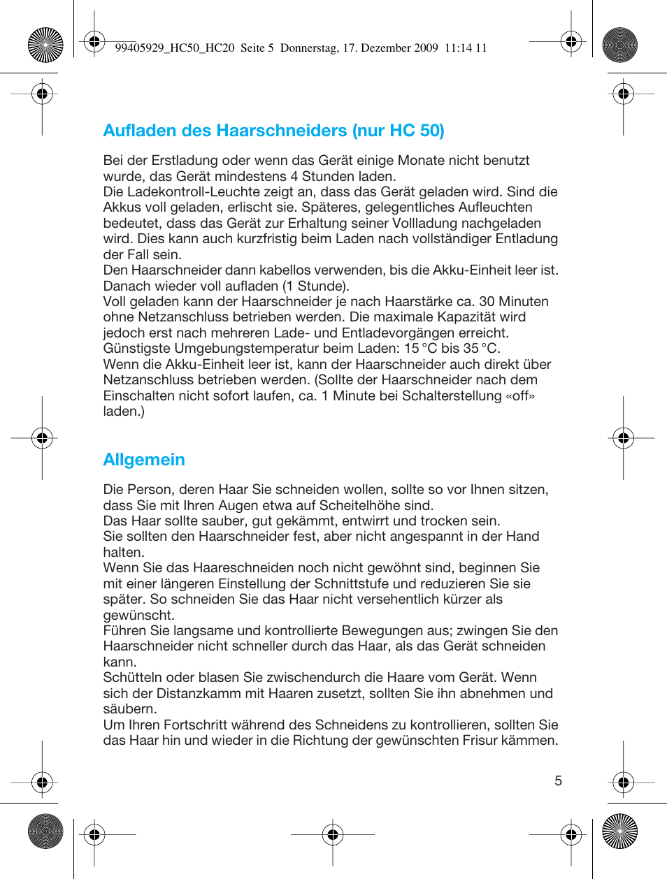 Aufladen des haarschneiders (nur hc 50), Allgemein | Braun HC20 Hair Perfect User Manual | Page 5 / 62