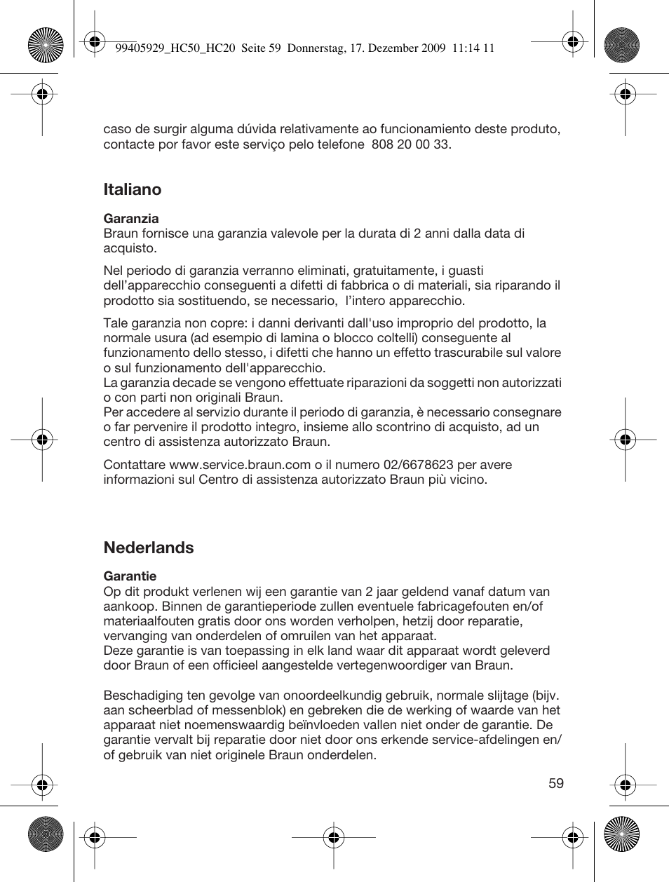 Italiano, Nederlands | Braun HC20 Hair Perfect User Manual | Page 59 / 62
