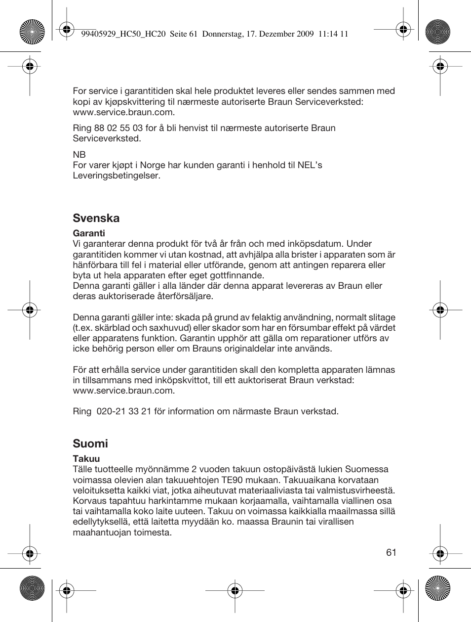 Svenska, Suomi | Braun HC20 Hair Perfect User Manual | Page 61 / 62