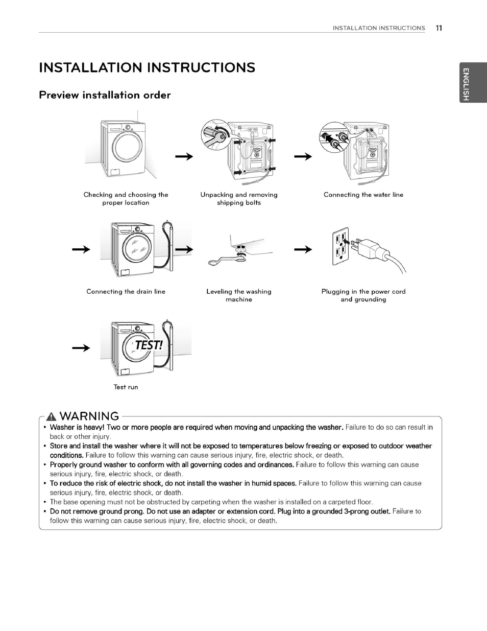 Installation instructions, Preview installation order, A warning | LG WM3070HWA User Manual | Page 12 / 81