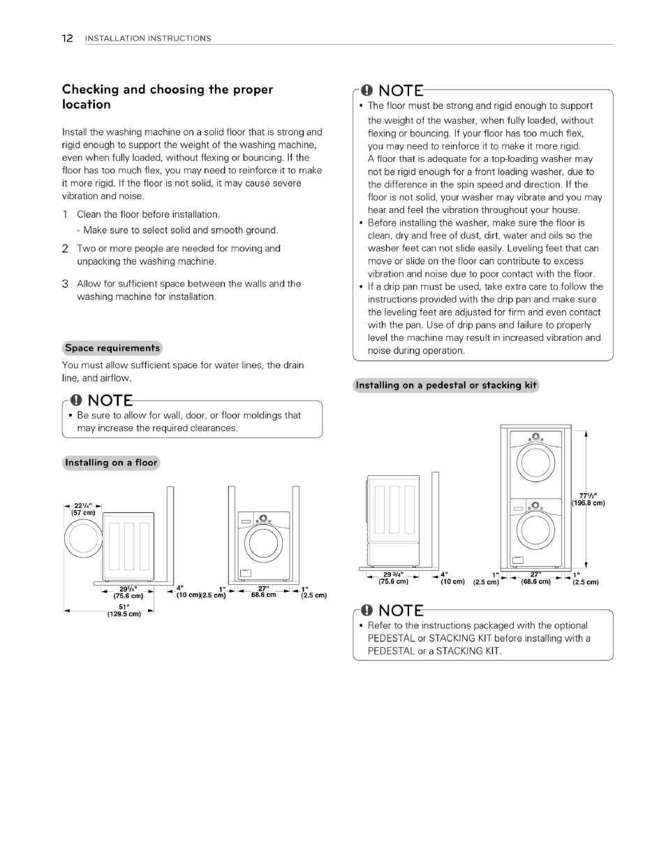 Checking and choosing the proper location, O nott, Note | R© note | LG WM3070HWA User Manual | Page 13 / 81