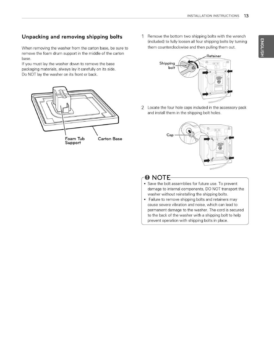 Unpacking and removing shipping bolts, Note | LG WM3070HWA User Manual | Page 14 / 81