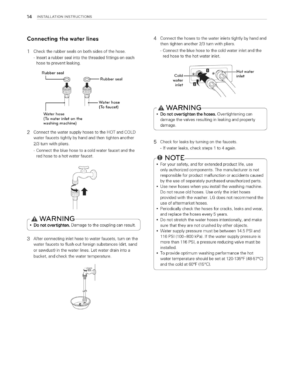 Connecting the water lines, A warning | LG WM3070HWA User Manual | Page 15 / 81