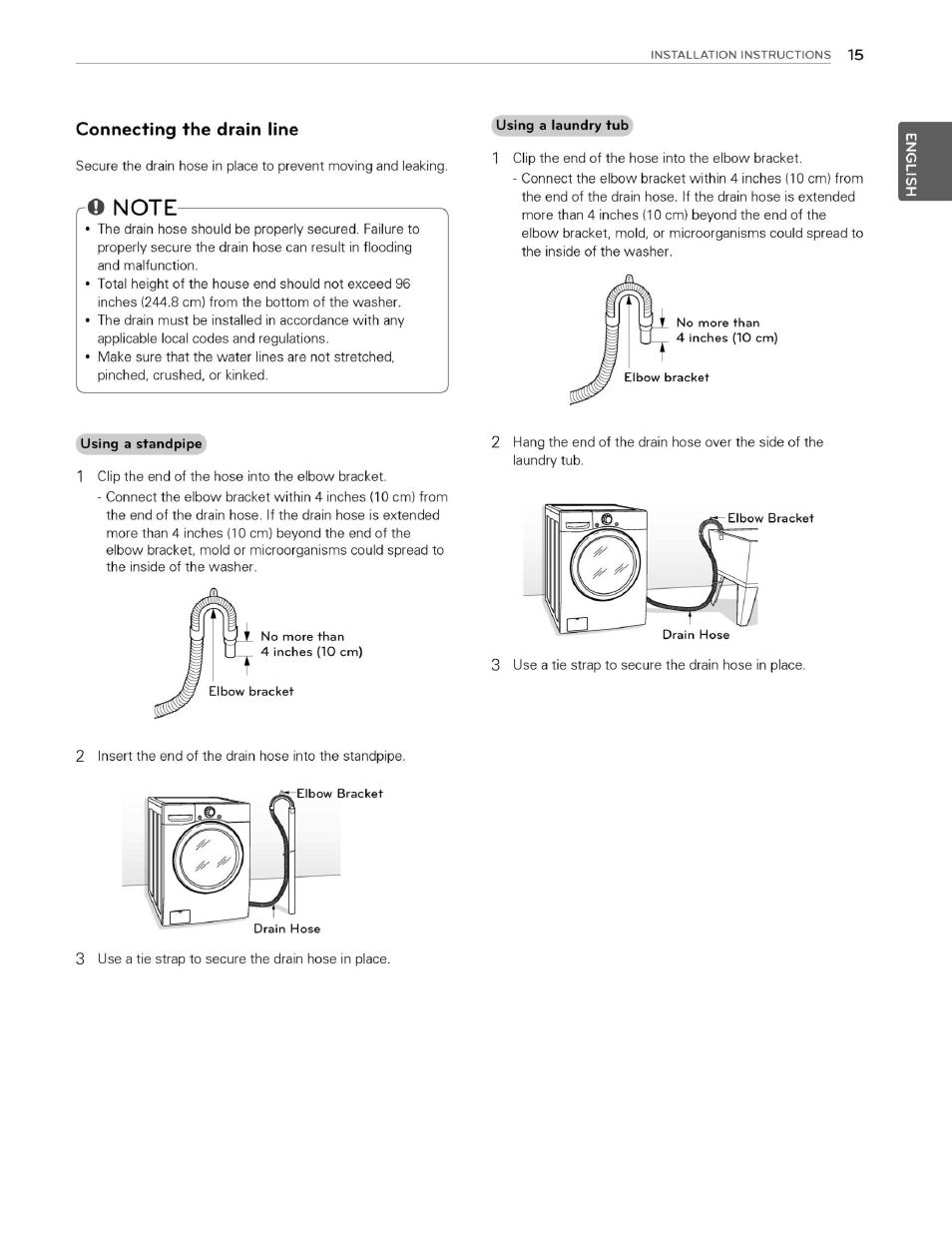 Connecting the drain line, Note | LG WM3070HWA User Manual | Page 16 / 81