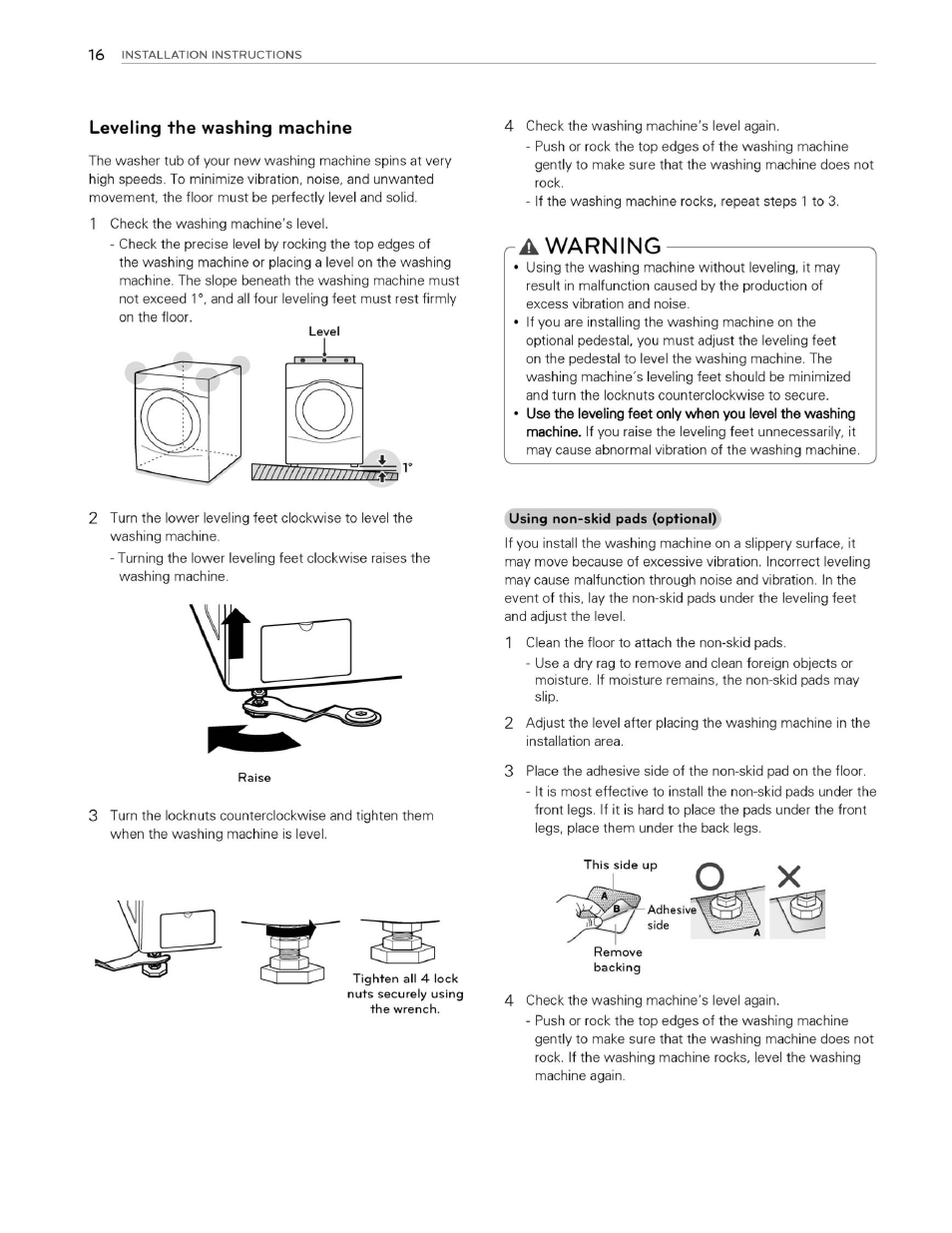 Leveling the washing machine, A warning, Warning | LG WM3070HWA User Manual | Page 17 / 81