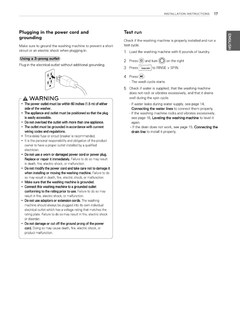 Plugging in the power cord and grounding, A warning, Test run | Warning | LG WM3070HWA User Manual | Page 18 / 81