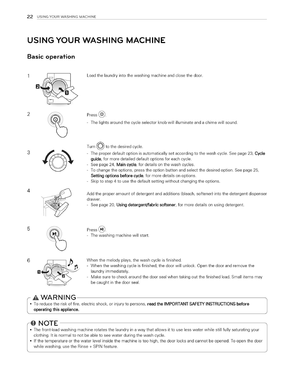 Using your washing machine, Basic operation, R a warning | Note, Warning | LG WM3070HWA User Manual | Page 23 / 81