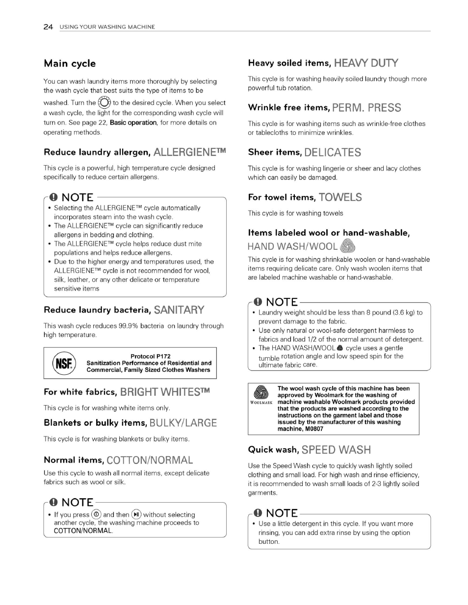 Main cycle, Heavy soiled items, heavy duty, Wrinkle free items, perm. press | Note, Reduce laundry bacteria, sanitary, For white fabrics, bright whites, Blankets or bulky items, bulky/large, Normal items, cotton/normal, O note, For towel items, towels | LG WM3070HWA User Manual | Page 25 / 81