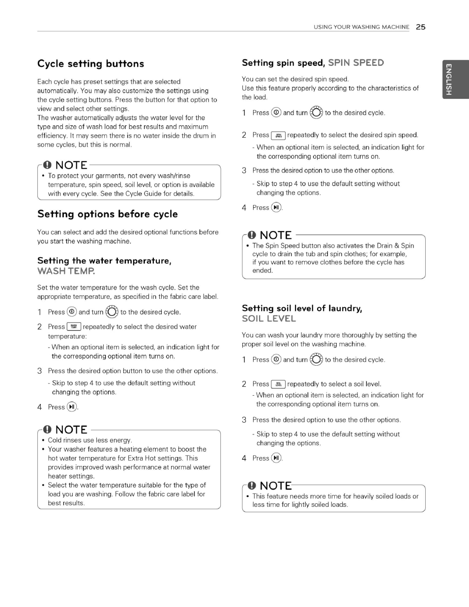 Cycle setting buttons, Ro note, Setting options before cycle | Setting the water temperature, Wash temp, R© note, Setting spin speed, spin speed, Note, Setting soil level of laundry, Soil level | LG WM3070HWA User Manual | Page 26 / 81