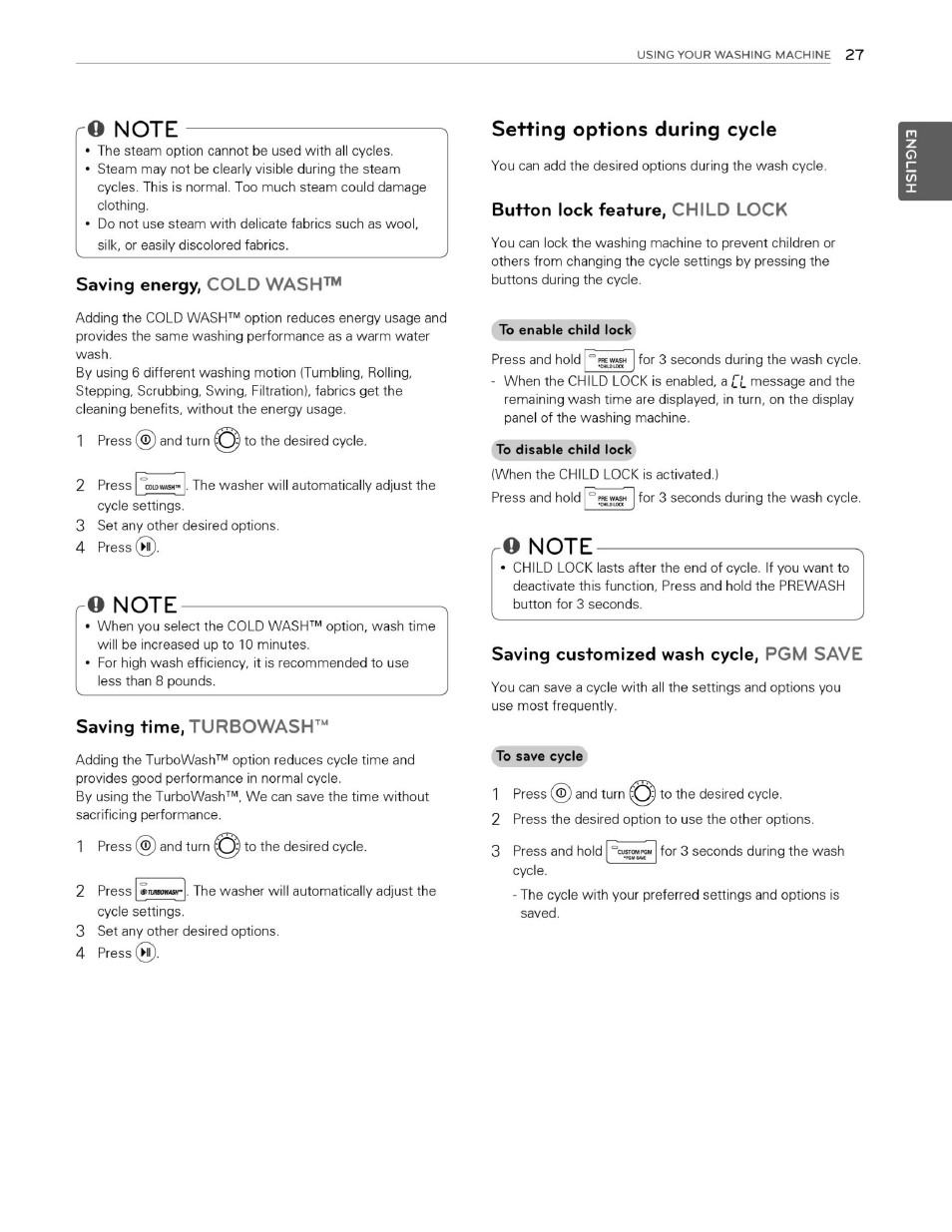 Saving energy, cold wash, O note, Setting options during cycle | Button lock feature, child lock, Qnote | LG WM3070HWA User Manual | Page 28 / 81