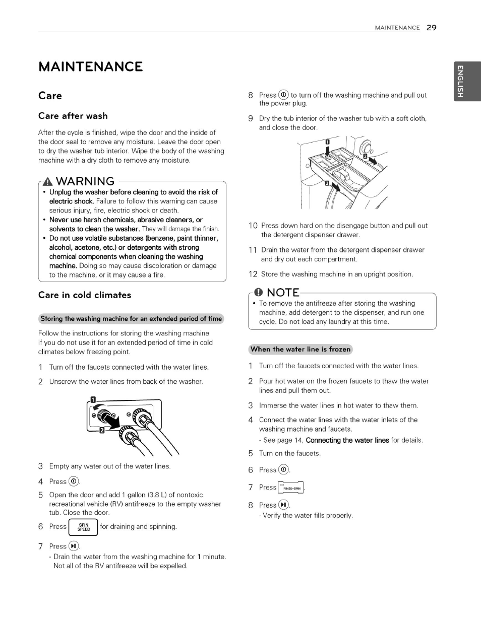 Maintenance, Care, Care after wash | Avyarning, Care in cold climates, Note | LG WM3070HWA User Manual | Page 30 / 81