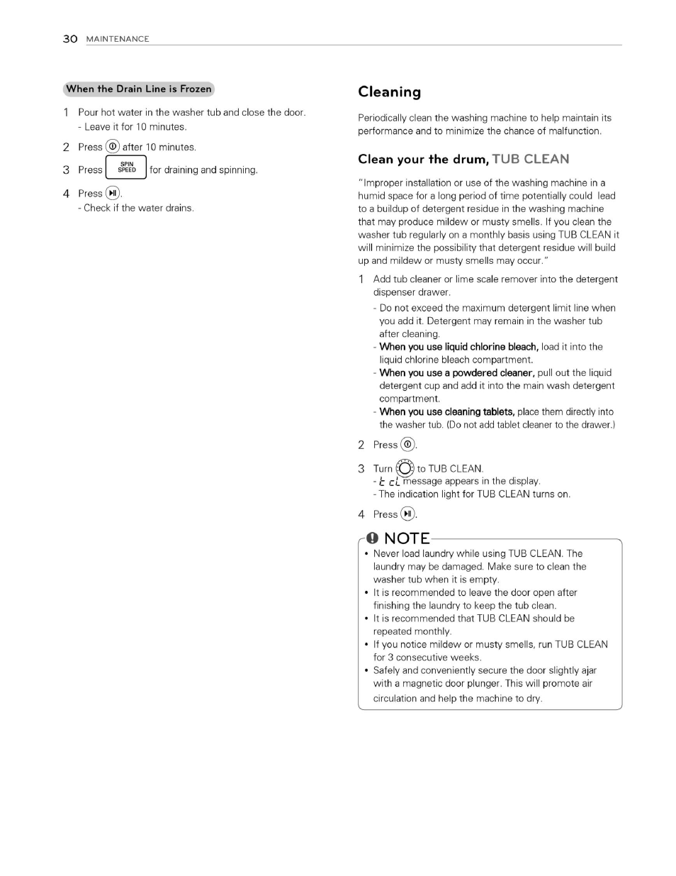 Cleaning, Clean your the drum, tub clean, Ro note | LG WM3070HWA User Manual | Page 31 / 81
