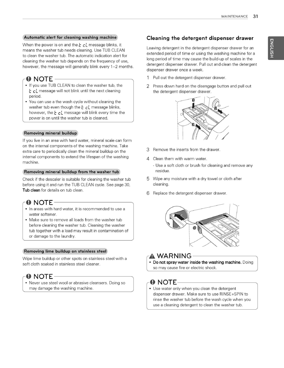 Note, Cleaning the detergent dispenser drawer, A warning | Warning | LG WM3070HWA User Manual | Page 32 / 81