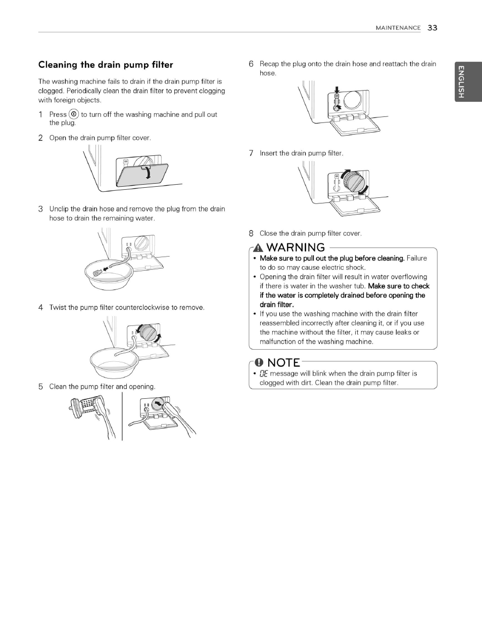 Cleaning the drain pump filter, Ra warning | LG WM3070HWA User Manual | Page 34 / 81