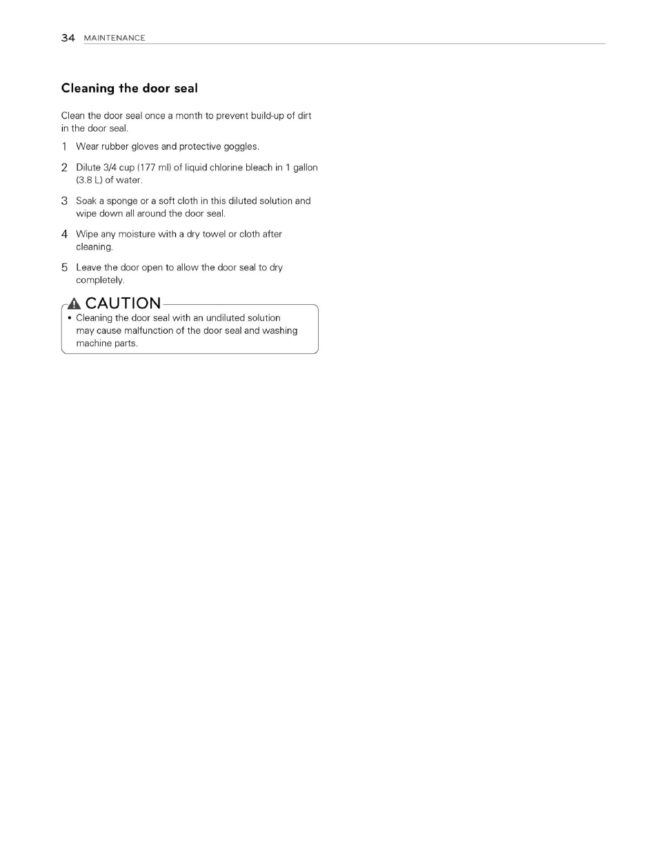 Cleaning the door seal, A caution, Caution | LG WM3070HWA User Manual | Page 35 / 81