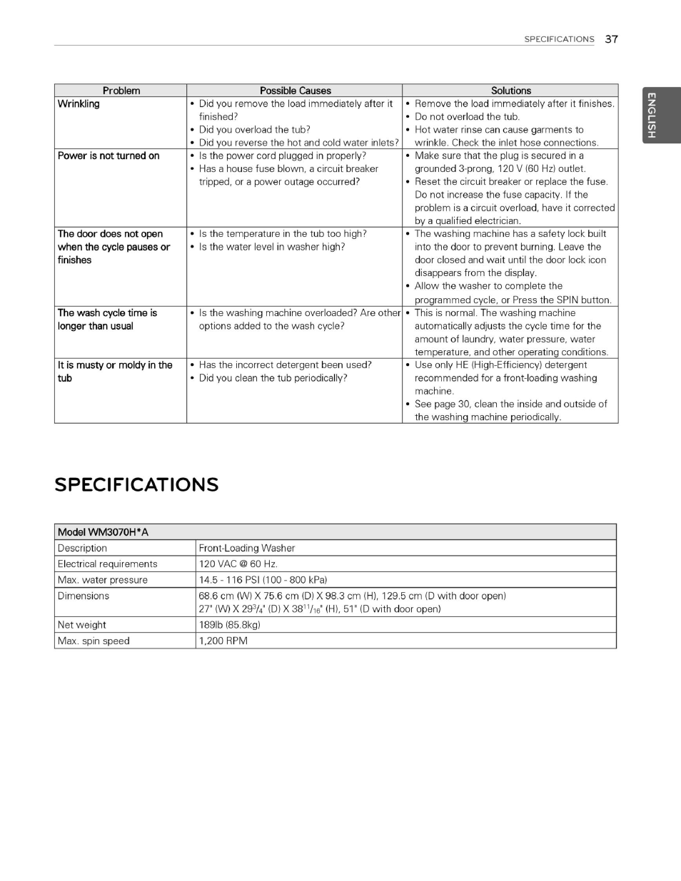 Specifications | LG WM3070HWA User Manual | Page 38 / 81