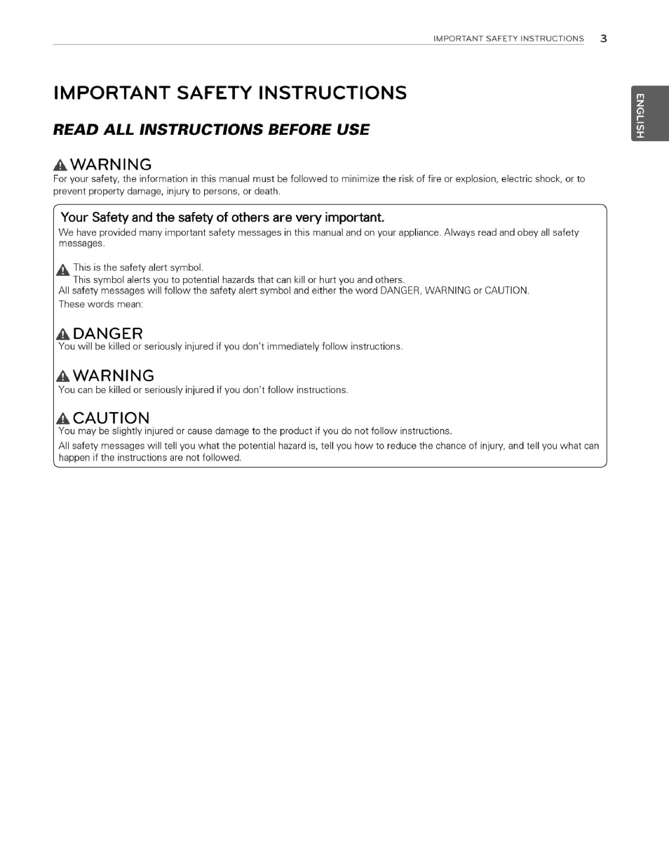 Important safety instructions, Awarning, Adanger | Acaution, Read all instructions before use | LG WM3070HWA User Manual | Page 4 / 81