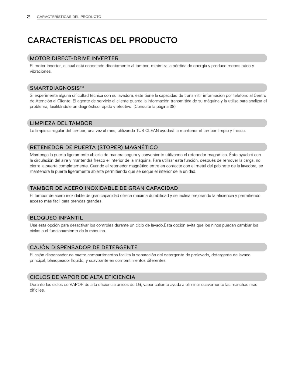 Caracteristicas del producto | LG WM3070HWA User Manual | Page 43 / 81