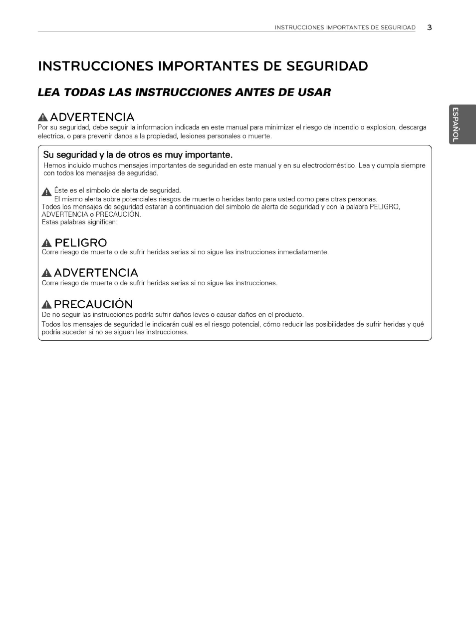 Instrucciones importantes de seguridad, Advertencia, Su seguridad y la de otros es muy importante | Apeligro, Aadvertencia, A precaución, Lea todas las instrucciones antes de usar | LG WM3070HWA User Manual | Page 44 / 81