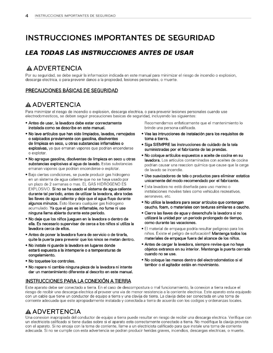 Instrucciones importantes de seguridad, Advertencia, Precauciones básicas de seguridad | Aadvertencia, Instrucciones para la conexión a tierra, Lea todas las instrucciones antes de usar | LG WM3070HWA User Manual | Page 45 / 81
