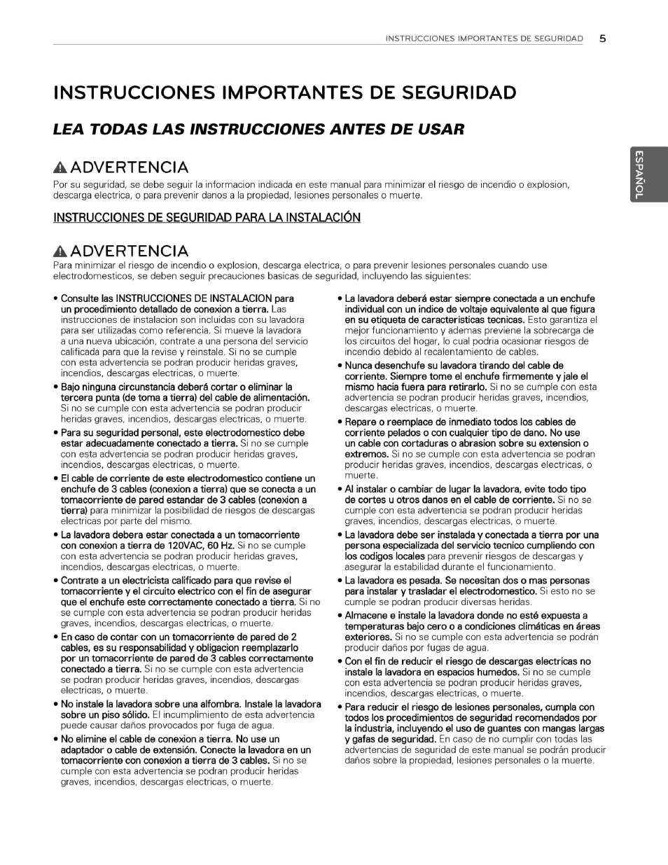 Instrucciones importantes de seguridad, Aadvertencia, Instrucciones de seguridad para la instalación | Lea todas las instrucciones antes de usar | LG WM3070HWA User Manual | Page 46 / 81