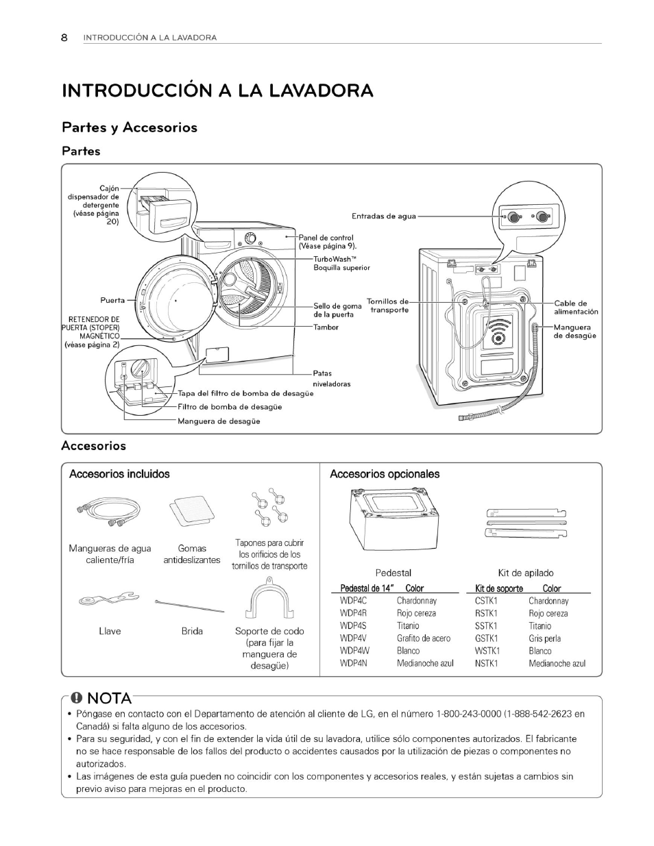 Introduccion a la lavadora, Partes y accesorios, Partes | Accesorios incluidos, Accesorios opcionales, O nota | LG WM3070HWA User Manual | Page 49 / 81