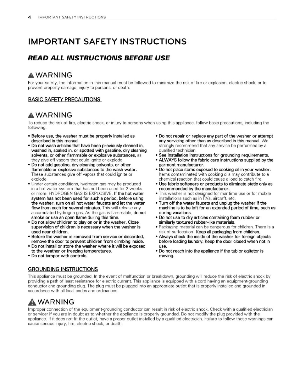 Important safety instructions, Awarning, Basic safety precautions | Grounding instructions, Read all instructions before use | LG WM3070HWA User Manual | Page 5 / 81
