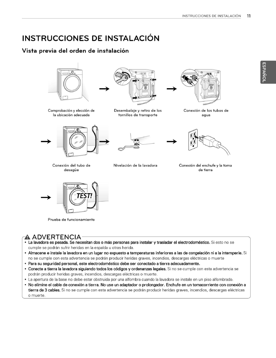 Instrucciones de instalacion, Vista previa del orden de instalación, A advertencia | Advertencia | LG WM3070HWA User Manual | Page 52 / 81