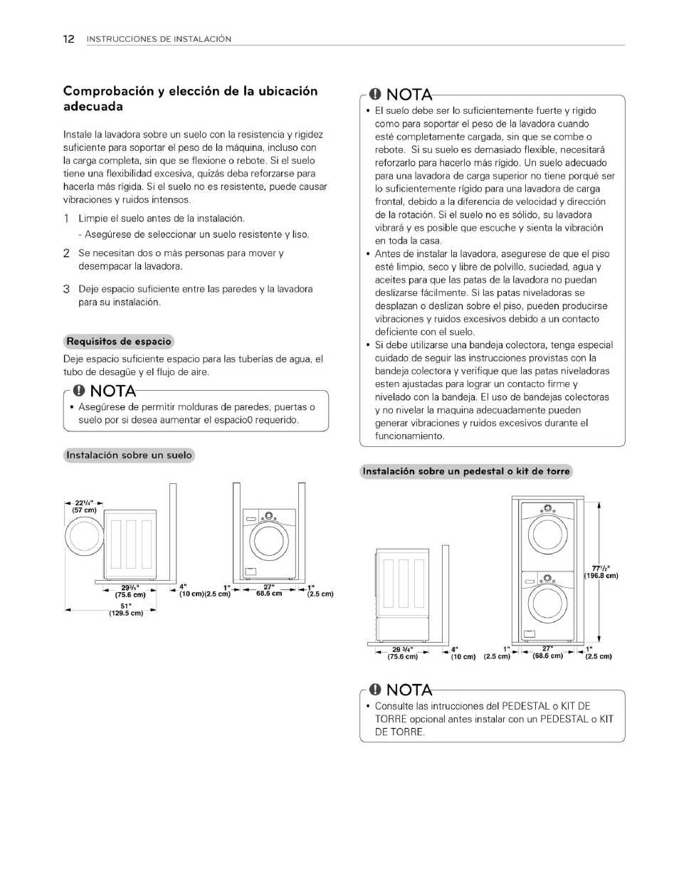 Comprobación y elección de la ubicación adecuada, O nota | LG WM3070HWA User Manual | Page 53 / 81