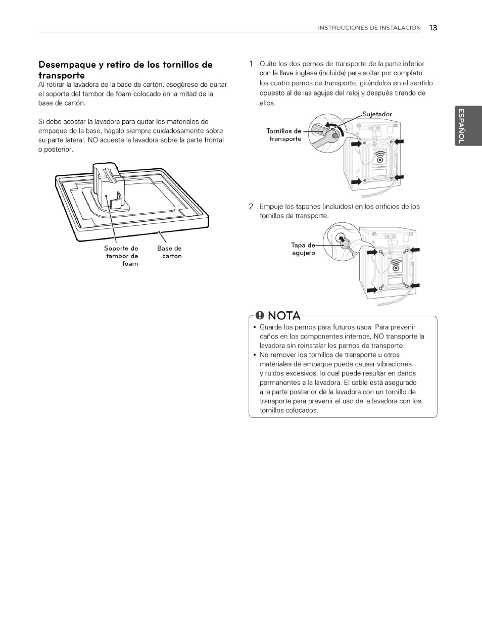 Desempaque y retiro de los tornillos de transporte, Ro nota | LG WM3070HWA User Manual | Page 54 / 81