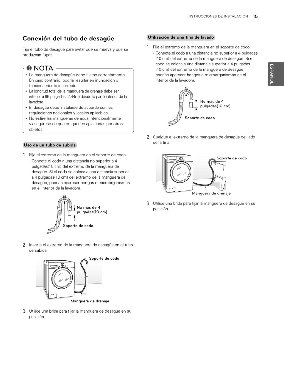Conexión del tubo de desagüe, Ro nota, Nota | LG WM3070HWA User Manual | Page 56 / 81