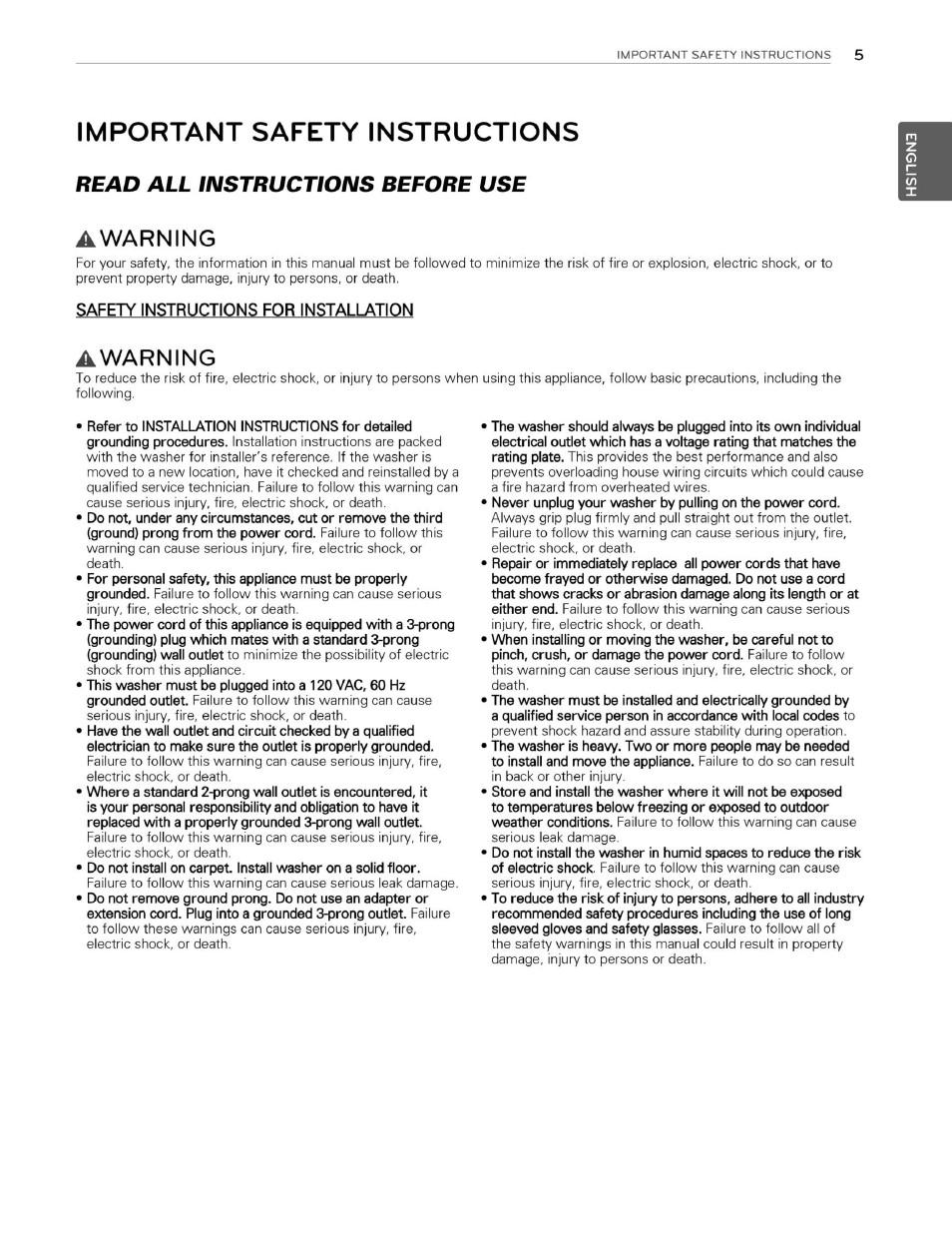 Important safety instructions, Awarning, Safety instructions for installation | Read all instructions before use | LG WM3070HWA User Manual | Page 6 / 81